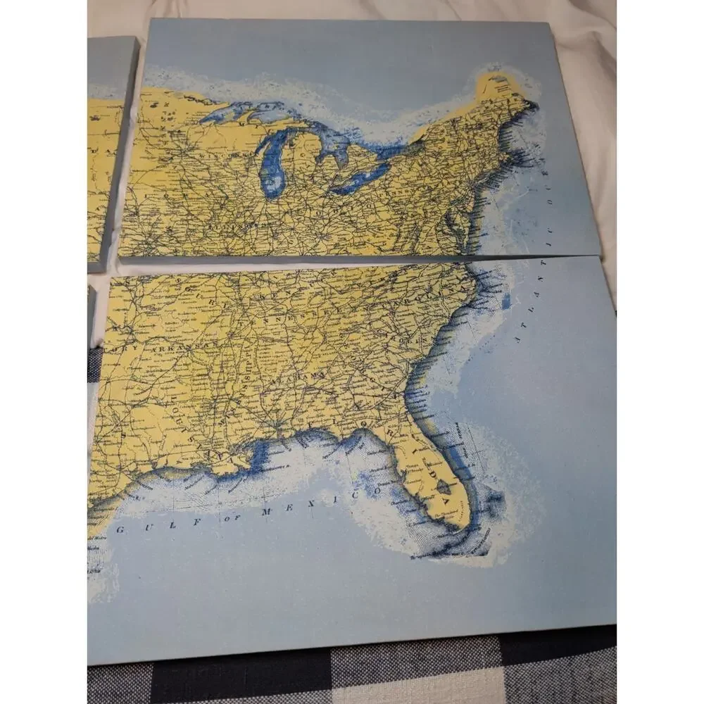 Pottery Barn Modular 4-Panel US Map Wall Art Large Vintage Style Wood Framed